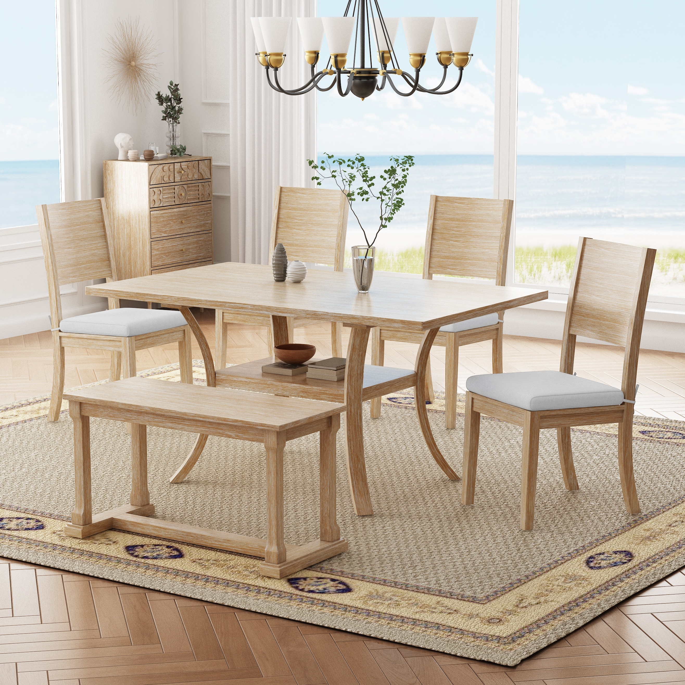 6 Piece Wood Dining Table Set with Storage Shelf Curved Legs Kitchen Table Set with Bench and 4 Dining Chairs Beige Natural Bed Bath Beyond 41249267